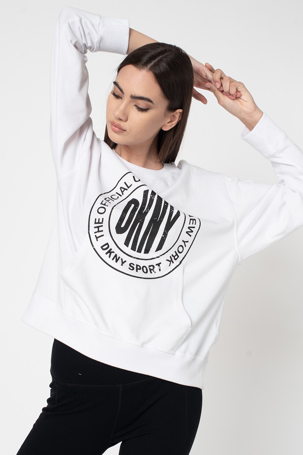 DKNY, Bluza sport cu decolteu la baza gatului si imprimeu logo, Alb/Negru, XS