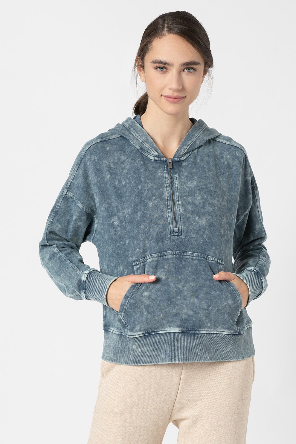 DKNY, Hanorac cu buzunar kangaroo si imprimeu, pentru fitness, Albastru prafuit