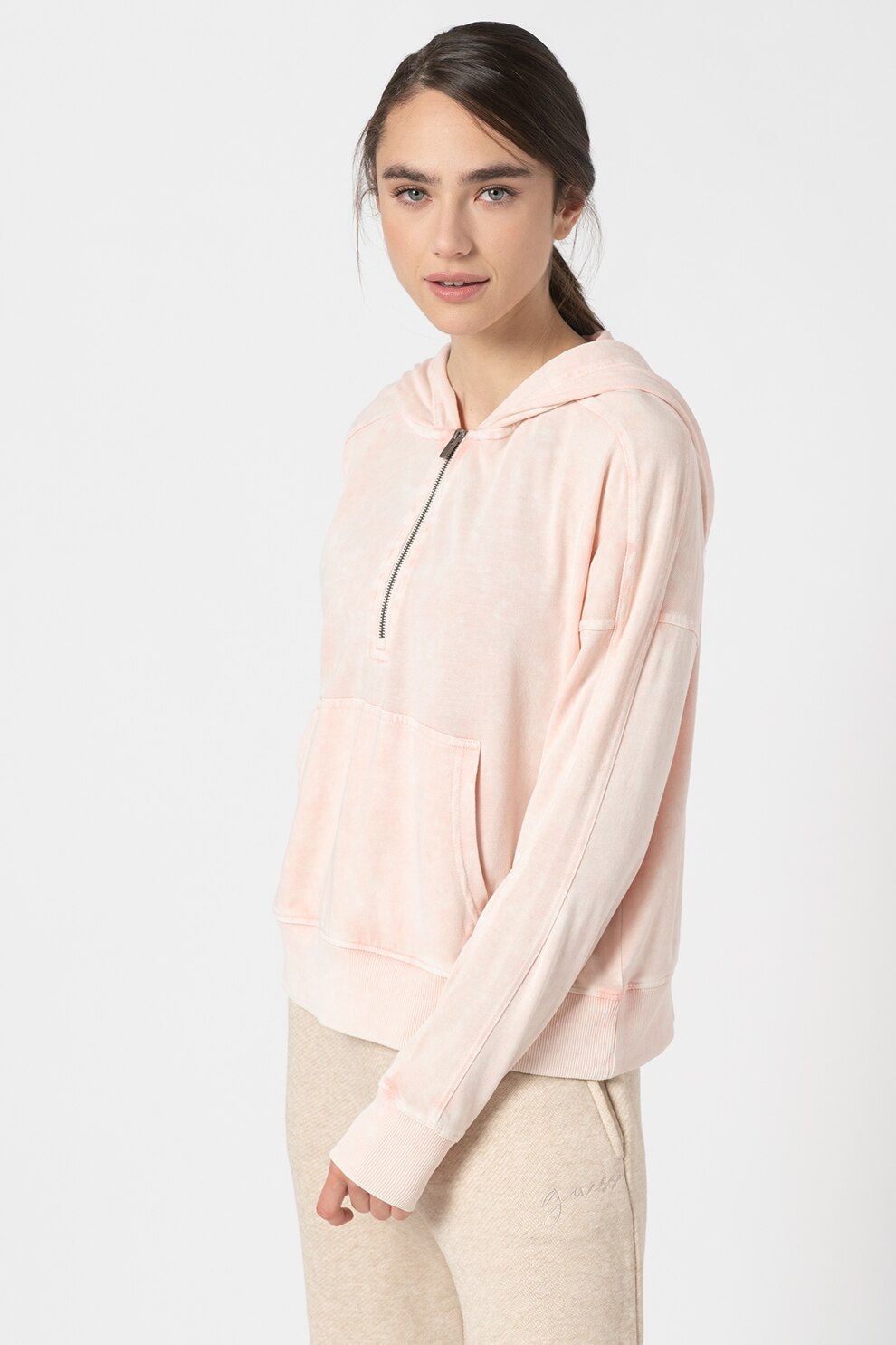 DKNY, Hanorac cu buzunar kangaroo si imprimeu, pentru fitness, Roz pal