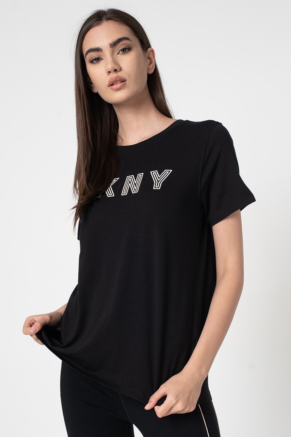 DKNY, Tricou din amestec de modal cu imprimeu logo, pentru fitness, Negru/Alb