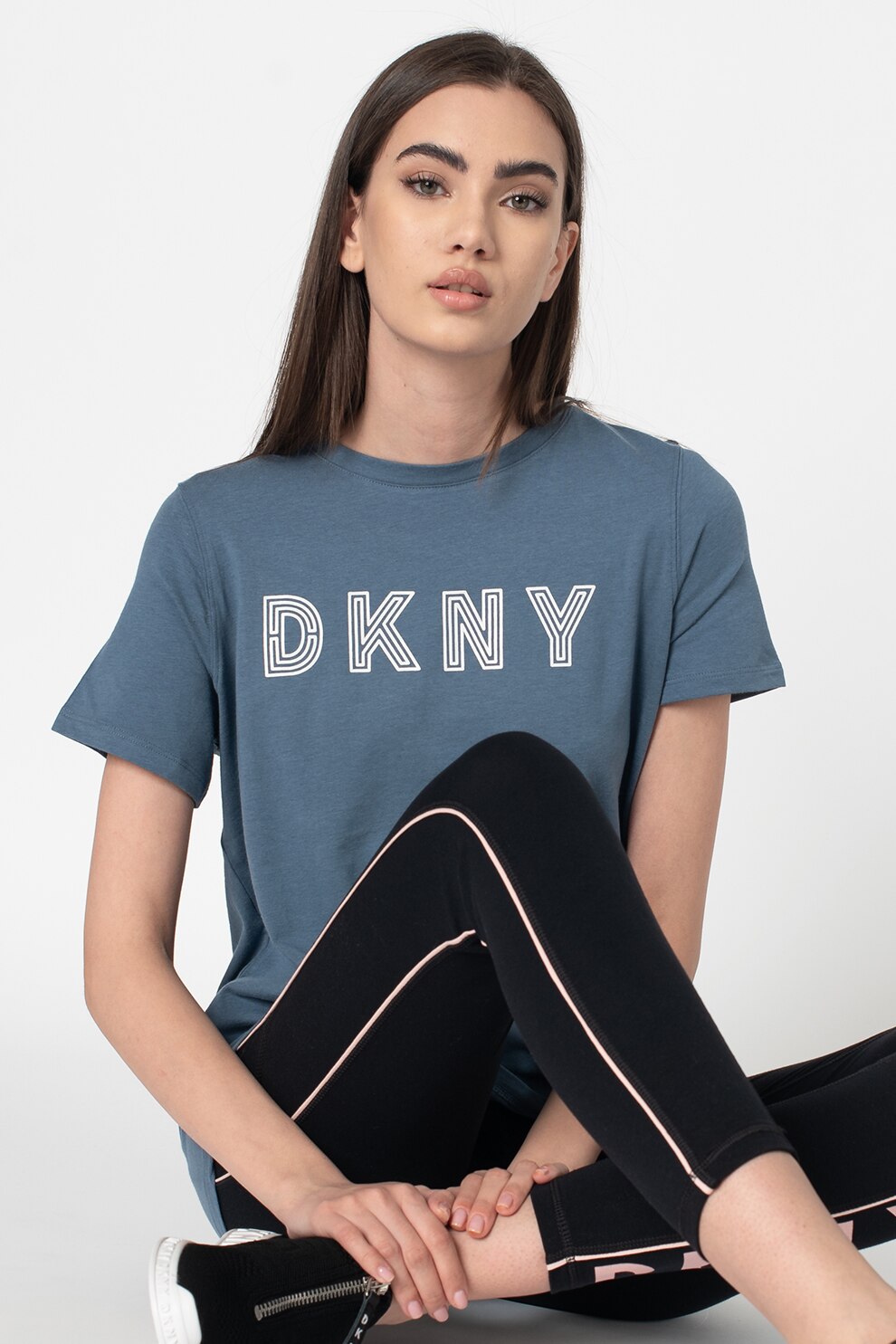 DKNY, Tricou din amestec de modal cu imprimeu logo, pentru fitness, Albastru prafuit/Alb