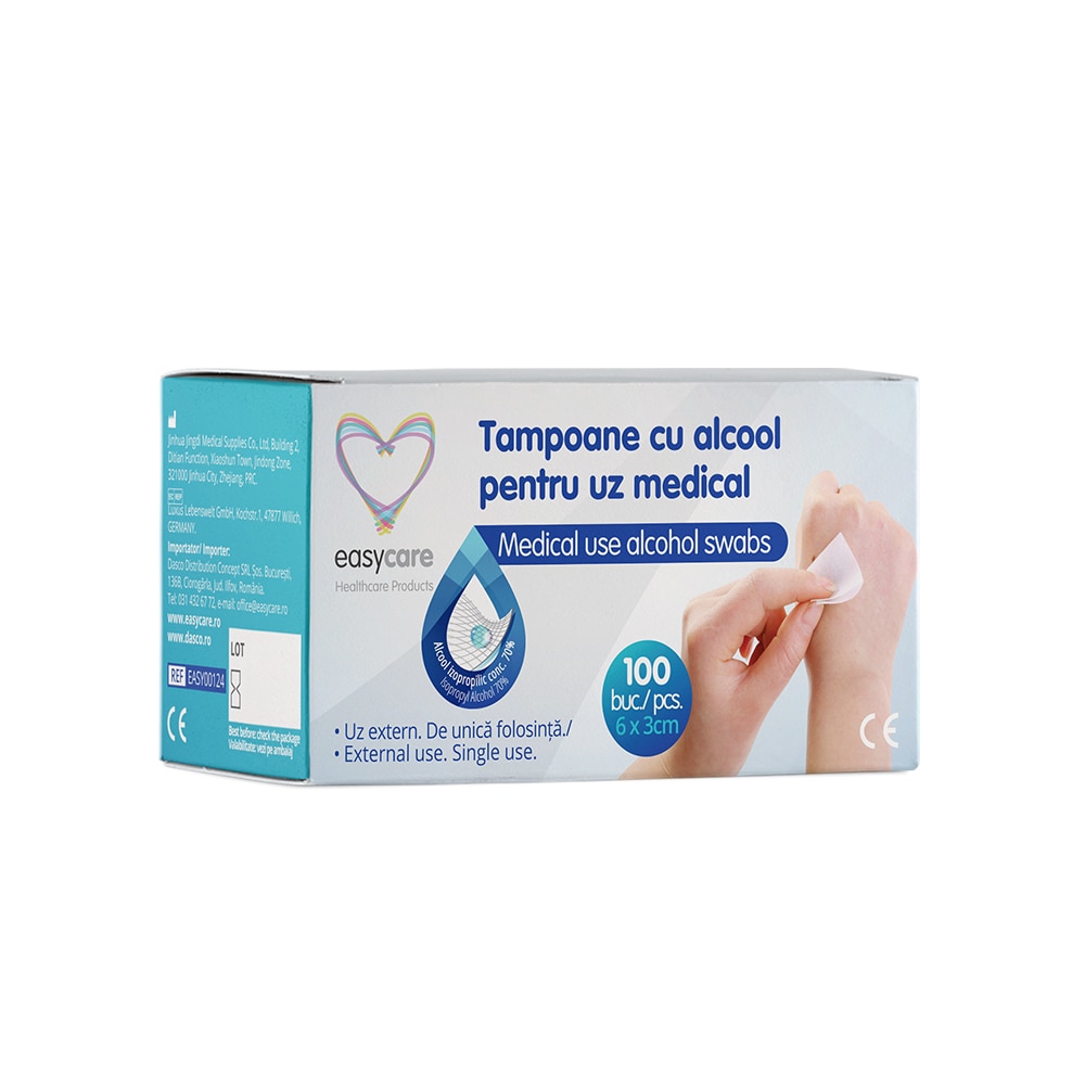 Tampoane cu alcool pentru uz medical EASYCARE 100 bucati / cutie 6x3 cm