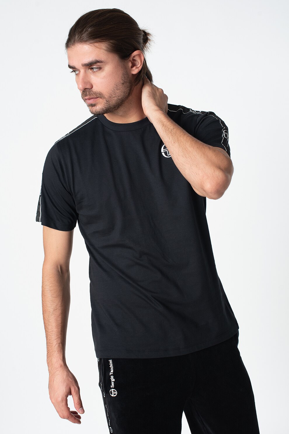 Sergio Tacchini, Tricou cu broderie logo Feather, Negru/Alb