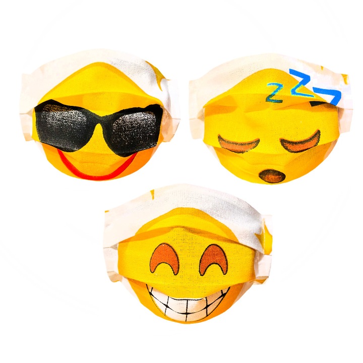Set 3 masti protectie reutilizabile pentru copii, bumbac, asigura o buna respiratie, Emoji, cool, smile, sleepy
