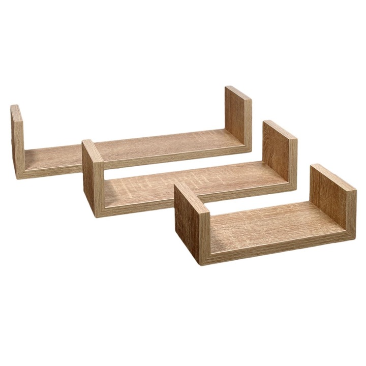 Set 3 rafturi de perete Shopiens® din lemn, cu sistem de montare ascuns in spate, usor de prins, bej