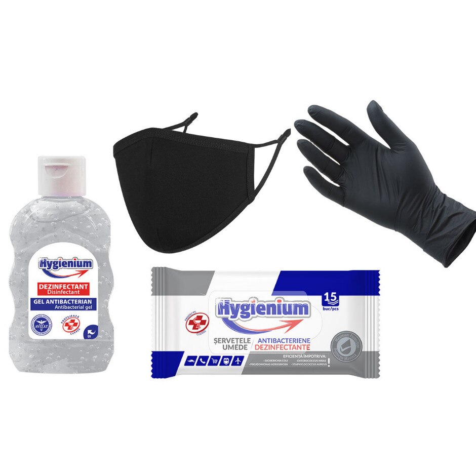 Kit protectie Hygienium 1 buc Masca reutilizabila, 1 pereche Manusi unica folosinta, 1 buc Gel dezinfectant si antibacterian 50 ml, 1 pachet Servetele umede antibacteriene 15 buc