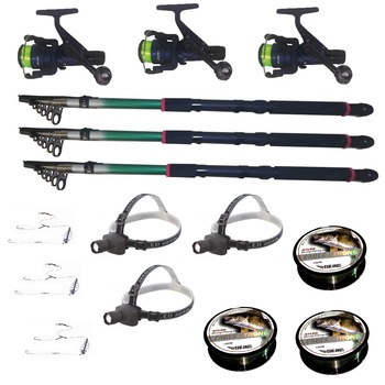 Set pescuit cu 3 lansete 2.4m eastshark, 3 mulinete dpr200, 3 lanterne frontale led, 3 gute si 3 monturi Set pescuit cu 3 lansete 2.4m eastshark, 3 mulinete dpr200, 3 lanterne frontale led, 3 gute si 3 monturi