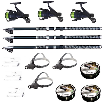 Set pescuit cu 3 lansete 2.4m ultra carp, 3 mulinete dpr200, 3 lanterne frontale led, 3 gute si 3 monturi Set pescuit cu 3 lansete 2.4m ultra carp, 3 mulinete dpr200, 3 lanterne frontale led, 3 gute si 3 monturi