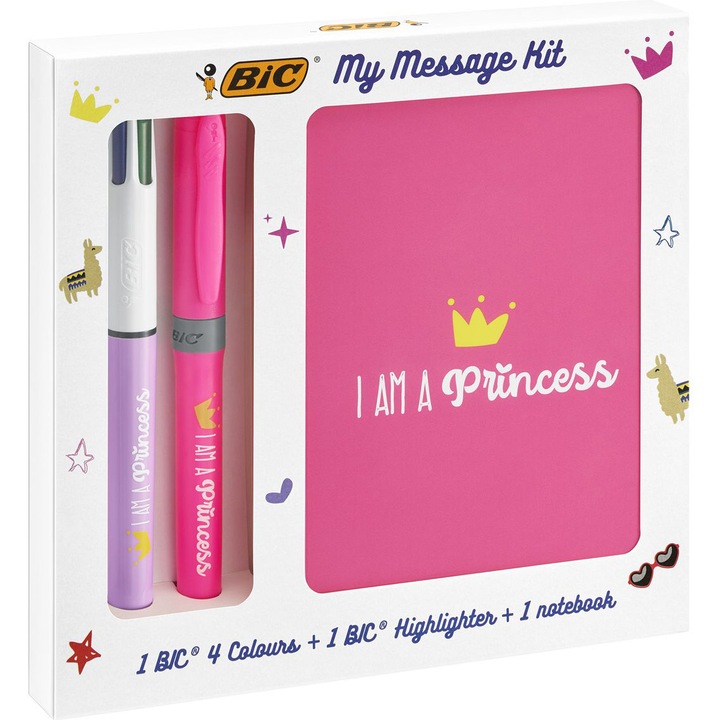 Комплект BIC My Message Kit I Am a Princess, 1 Химикалка BIC 4 Colours, 1 Маркер BIC Highlighter Grip - Розов, 1 Тетрадка A6, 3 части/пакет