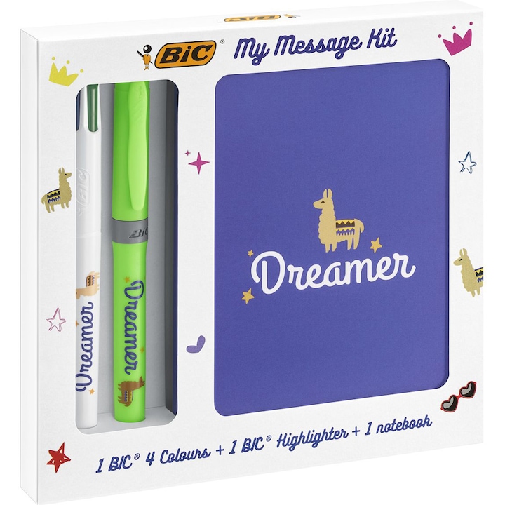 Комплект BIC My Message Kit Dreamer, 1 Химикалка BIC 4 Colours, 1 Маркер BIC Highlighter Grip - Зелен, 1 Тетрадка A6, 3 части/пакет