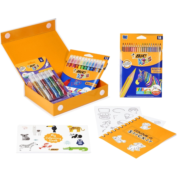 Комплект за оцветяване BIC My Colouring Box, Различни цветове, 73 броя/пакет, 12 маркера за оцветяване, 18 молива за оцветяване, 6 лепила с блясък, 1 Книжка за оцветяване, 36 стикера
