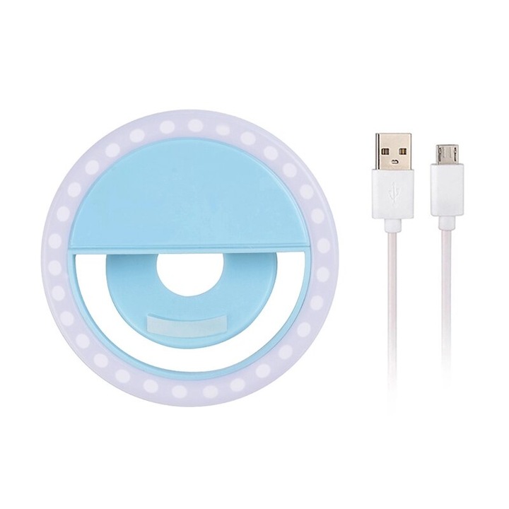 Original Deals LED szelfi gyűrű lámpa, csíptetős, 3 fényerősség, 36 LED, 400 mAh akkumulátor, kék
