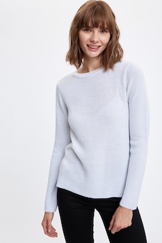 DeFacto, Pulover cu decolteu la baza gatului si fire stralucitoare, Albastru pastel DeFacto, Pulover cu decolteu la baza gatului si fire stralucitoare, Albastru pastel