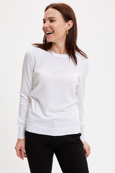 DeFacto, Pulover tricotat fin cu decolteu rotund, Alb DeFacto, Pulover tricotat fin cu decolteu rotund, Alb