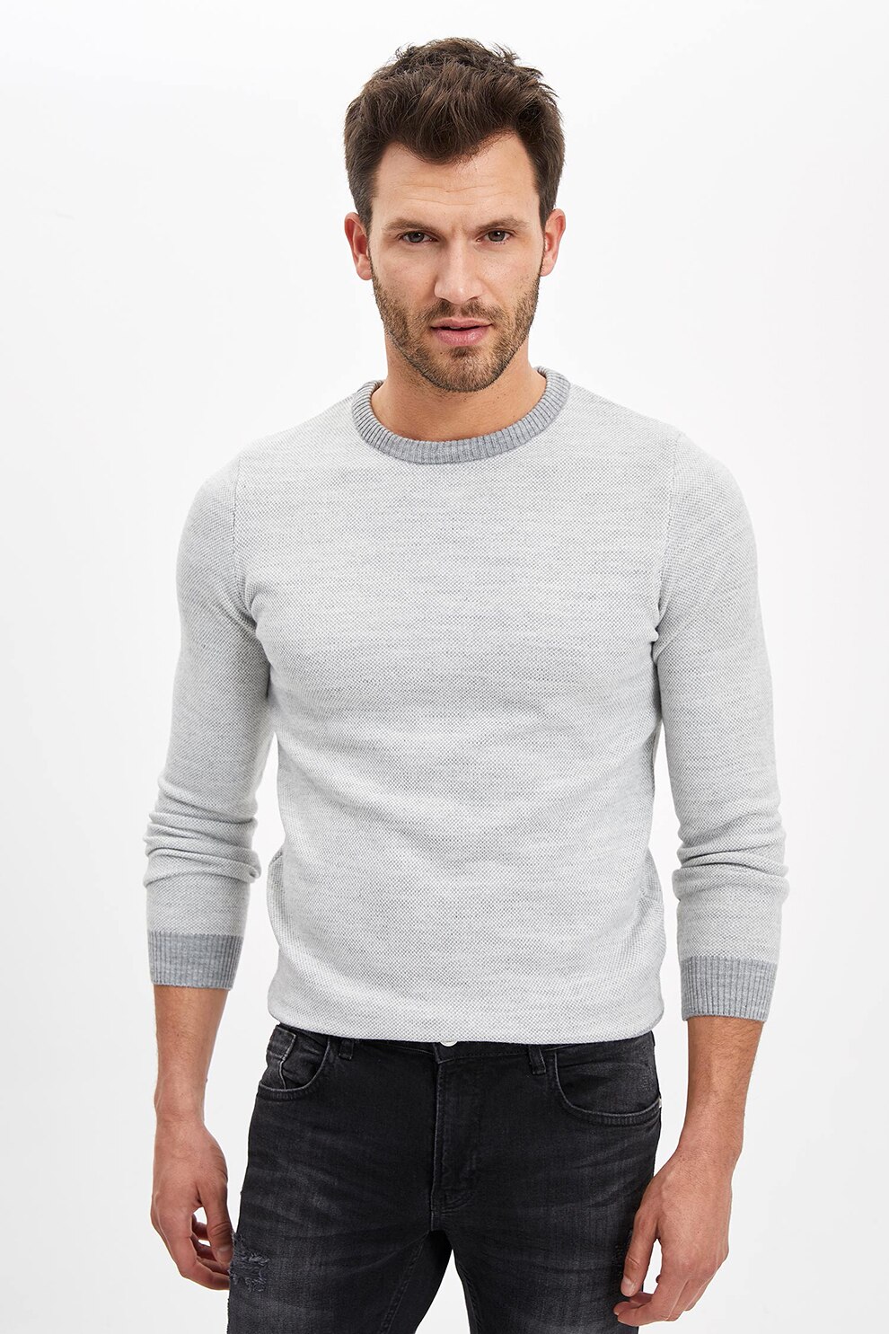 DeFacto, Pulover slim fit cu decolteu la baza gatului, Gri deschis, XS