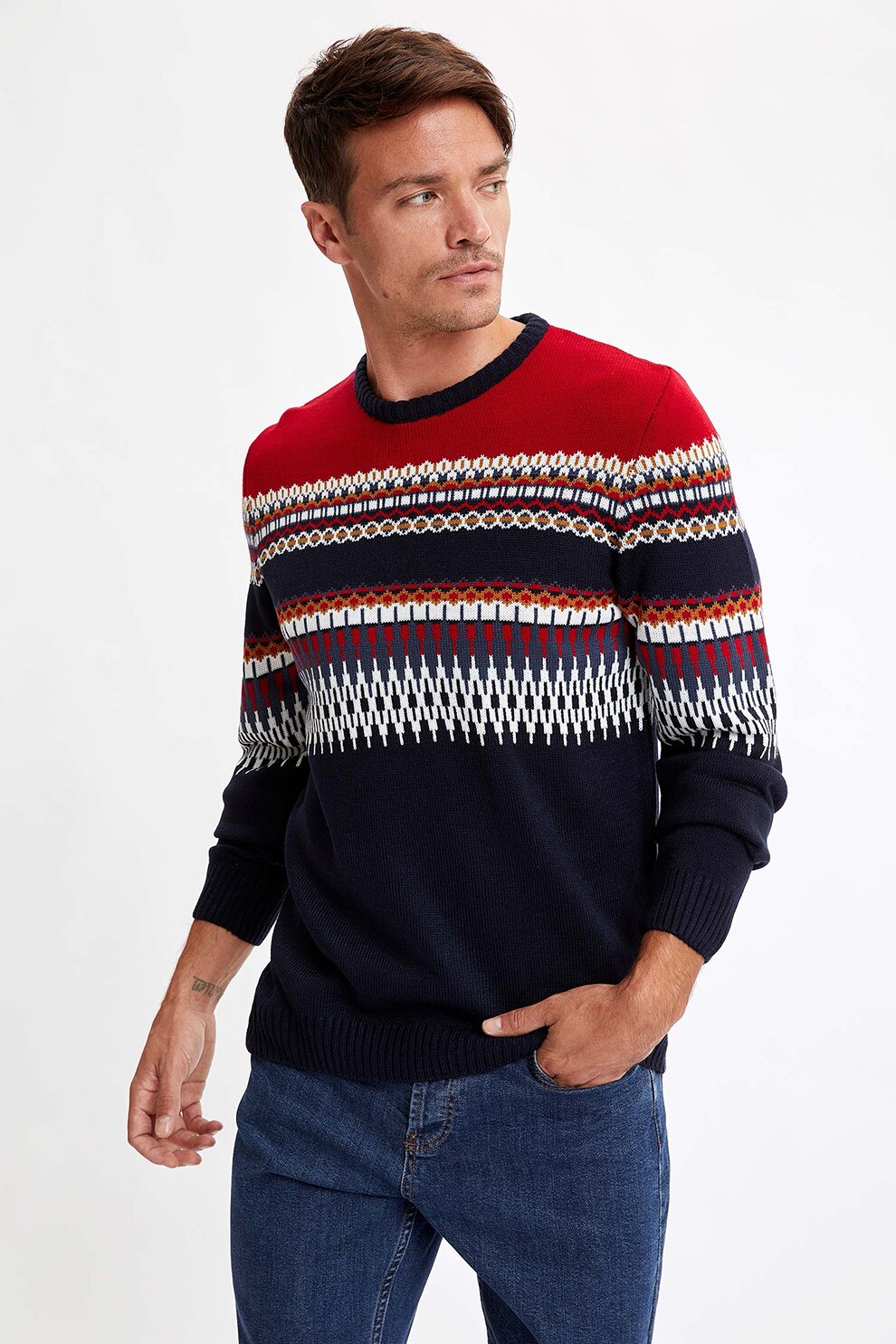 DeFacto, Pulover slim fit cu model fair isle, Multicolora, XS