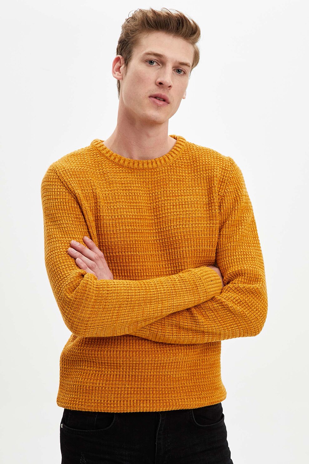 DeFacto, Pulover slim fit cu decolteu la baza gatului, Galben sofran