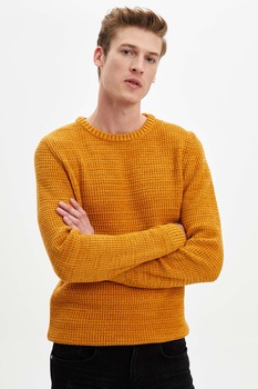 DeFacto, Pulover slim fit cu decolteu la baza gatului, Galben sofran DeFacto, Pulover slim fit cu decolteu la baza gatului, Galben sofran