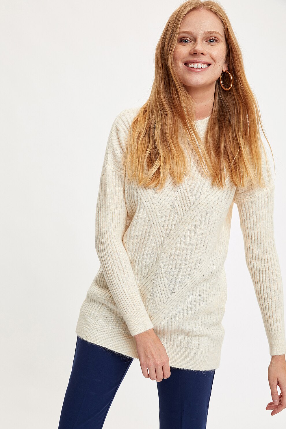 DeFacto, Pulover cu decolteu la baza gatului, Bej deschis, 3XL