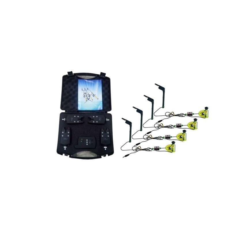 Set 4 avertizori cu statie 4 culori mufa Jack si valigeata transort si 4 swingere cu tija, contragreutate si mufa jack pentru conectare la senzori