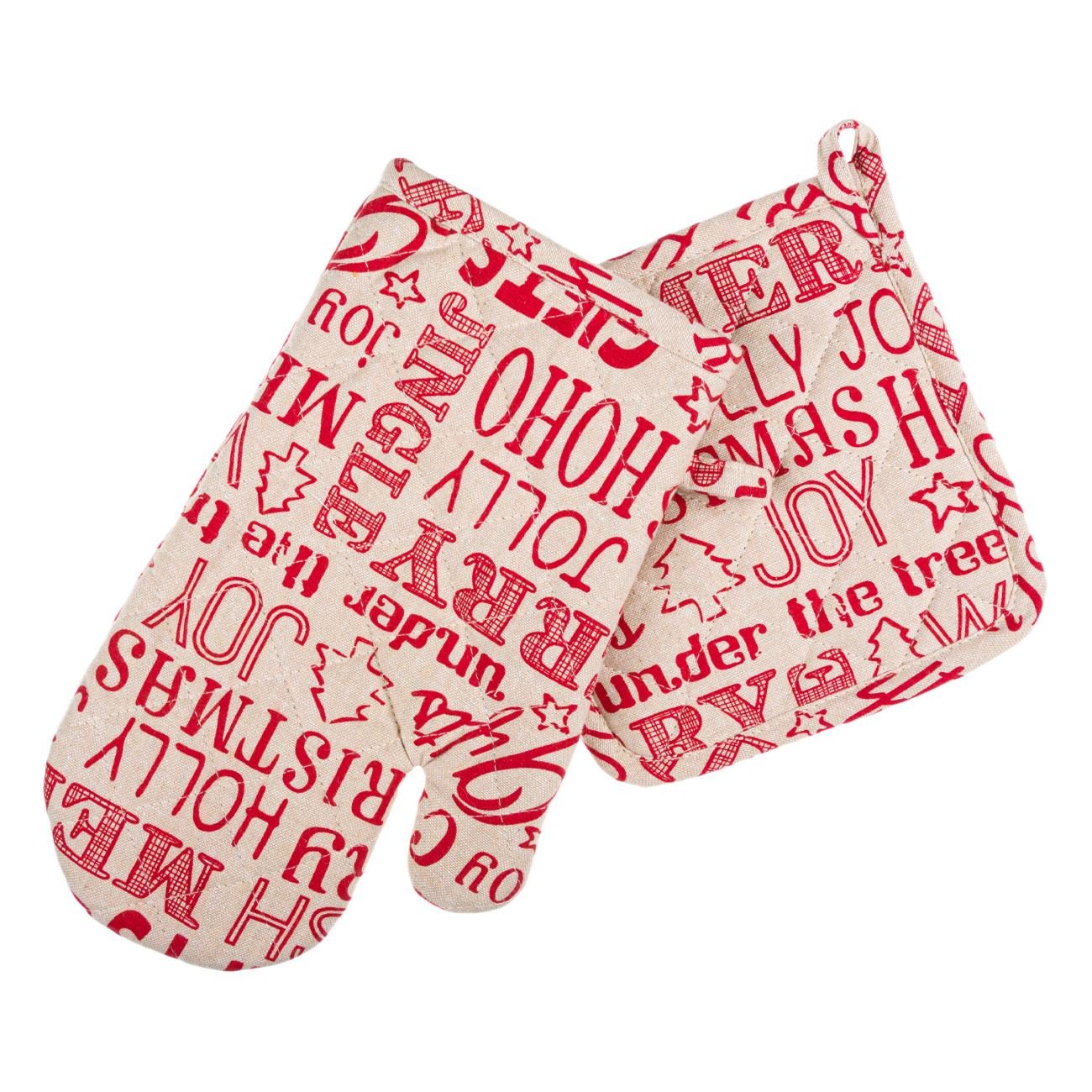 Set de bucatarie 2 piese, Zola®, manusa si servet, bumbac, de Craciun, model cu scris rosu