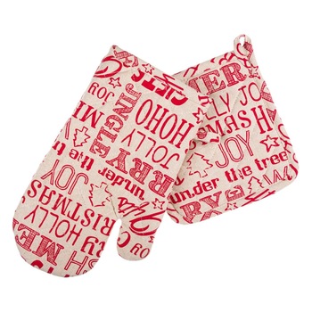 Set de bucatarie 2 piese, Zola®, manusa si servet, bumbac, de Craciun, model cu scris rosu Set de bucatarie 2 piese, Zola®, manusa si servet, bumbac, de Craciun, model cu scris rosu