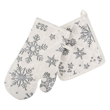 Set de bucatarie 2 piese, Zola®, manusa si servet, bumbac, de Craciun, model cu fulgi gri Set de bucatarie 2 piese, Zola®, manusa si servet, bumbac, de Craciun, model cu fulgi gri