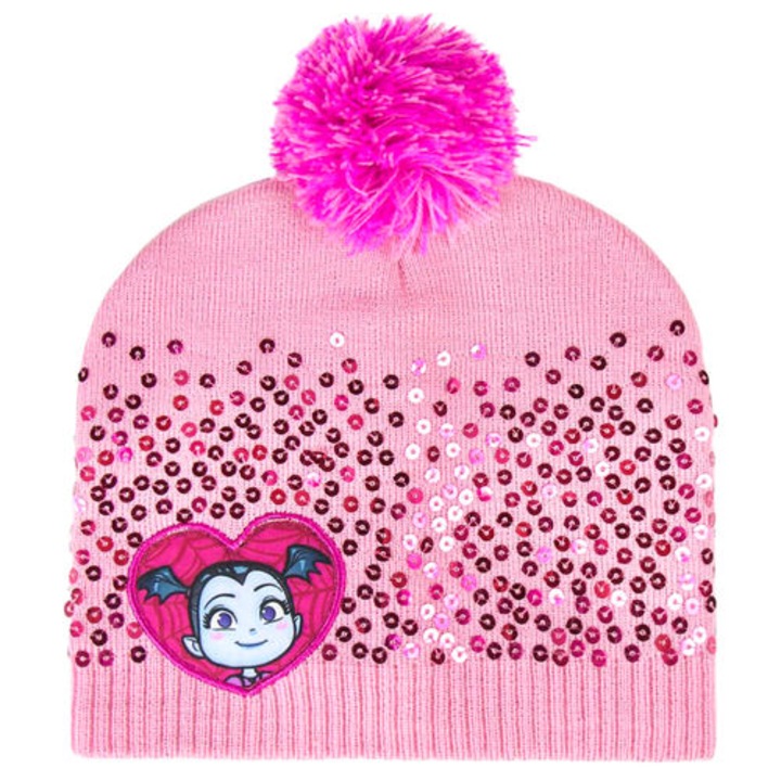 Шапка с пискюли за момиче, Disney - Vampirina, розова с многоцветен дизайн, материал акрил
