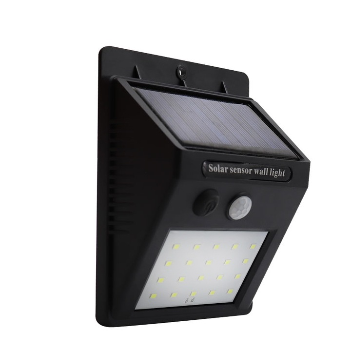 Lampa solara de perete, 20 LED-uri, temperatura culoare alb rece, 6500 K, senzor de lumina, 500 lm, Negru