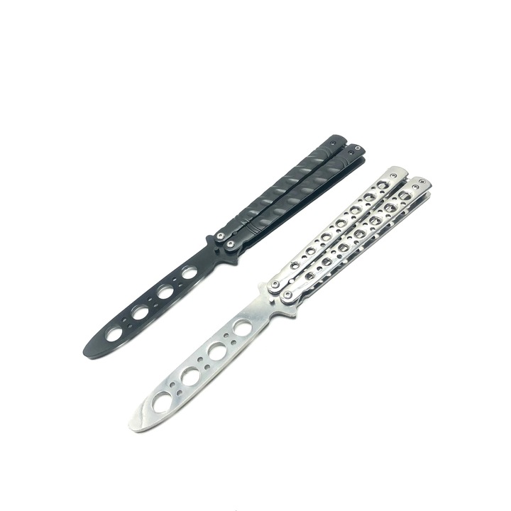 Set Cutite CS:GO Briceag Balisong Butterfly pentru antrenament, fara tais, negru si argintiu