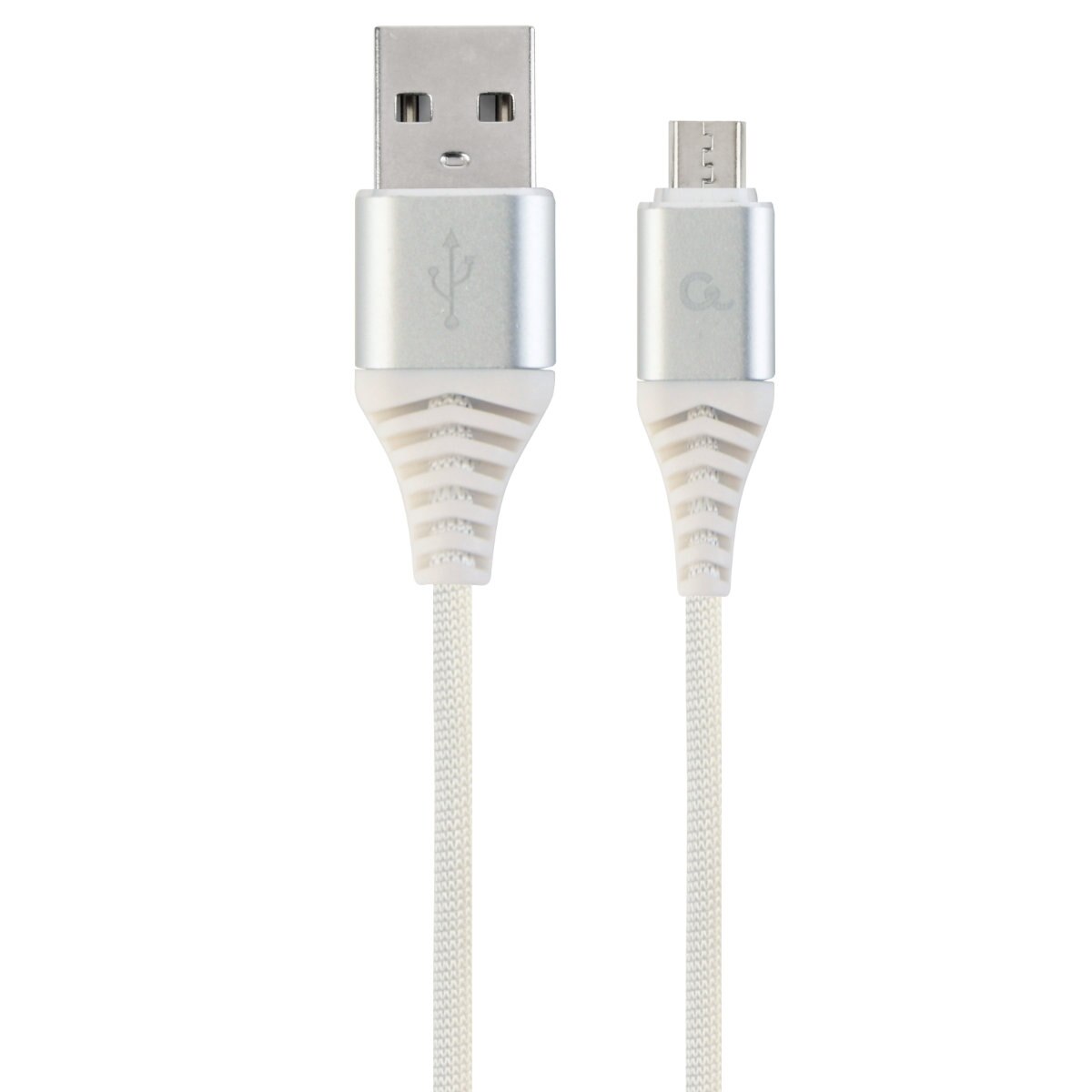 Cablu premium USB 2.0 tata la microUSB tata, 1m, cu invelis din bumbac impletit, Gembird, pentru date si incarcare, 2.1A, in blister, argintiu cu alb
