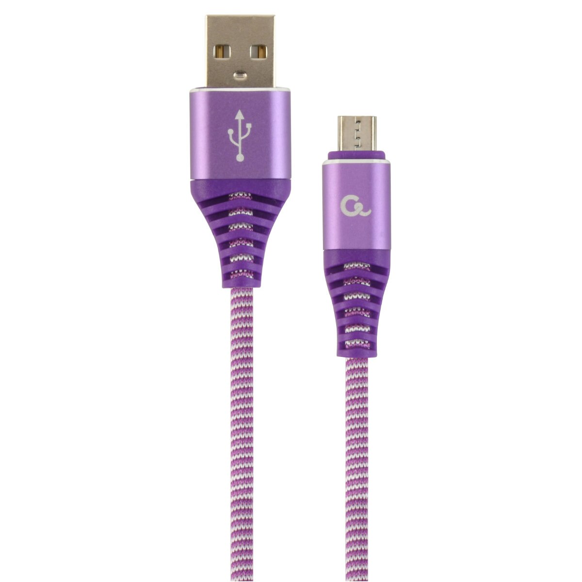 Cablu premium USB 2.0 tata la microUSB tata , 1m, cu invelis din bumbac impletit, Gembird, pentru date si incarcare, 2.1A, in blister, mov cu alb
