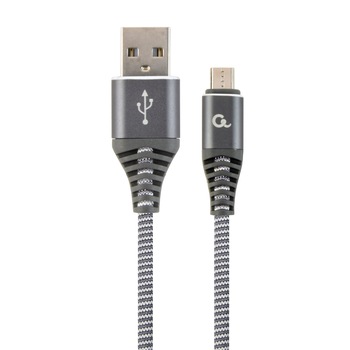Cablu premium USB 2.0 tata la microUSB tata , 1m, cu invelis din bumbac impletit, Gembird, pentru date si incarcare, in blister, gri cu alb Cablu premium USB 2.0 tata la microUSB tata , 1m, cu invelis din bumbac impletit, Gembird, pentru date si incarcare, in blister, gri cu alb