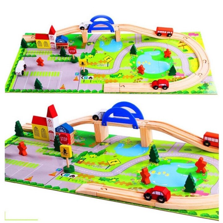 Circuit din lemn cu 40 de piese- masinute, sine de lemn, baza de joaca, omuleti, casute si peisaje