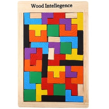 Joc educational de inteligenta Tetris din lemn,multicolor, puzzle cuburi de constructie Joc educational de inteligenta Tetris din lemn,multicolor, puzzle cuburi de constructie