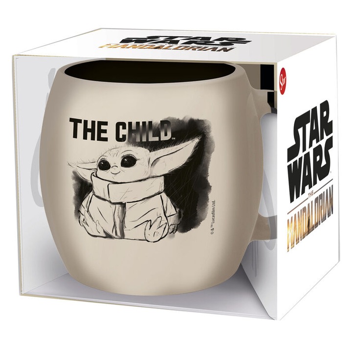 Cana Star Wars The Mandalorian - Baby Yoda, crem cu design negru, forma bombata, capacitate 380 ml, inaltime 9 cm