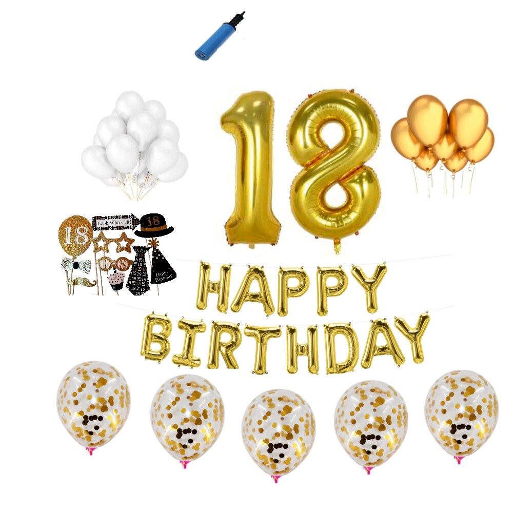 Set complet baloane Happy Birthday, Majorat, 18 ani, Auriu, cu set de propsuri