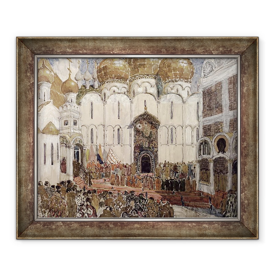 Tablou inramat - Aleksandr Jakovlevic Golovin - O piata din Kremlinul Moscovei, design de scena pentru Prolog, Scena 2 din opera Boris Godunov de Modest Petrovich Mussorgsky, 90 x 110 cm