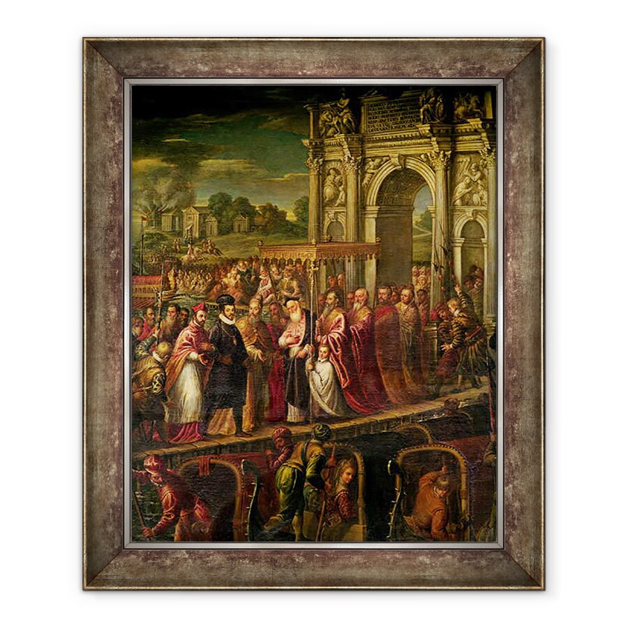 Tablou inramat - Andrea Vicentino - Regele Henri al III-lea 1551-89 al Frantei vizitand Venetia in 1574, escortat de Doge Alvise Mocenigo si intalnit de Patriarhul Giovanni Trevisan, 90 x 110 cm