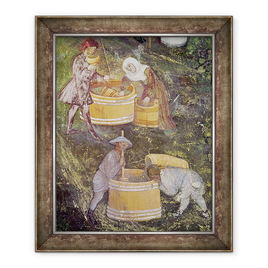 Tablou inramat - Scoala Boema - Luna octombrie, detalii de culegatori de struguri si cuve, 50 x 60 cm