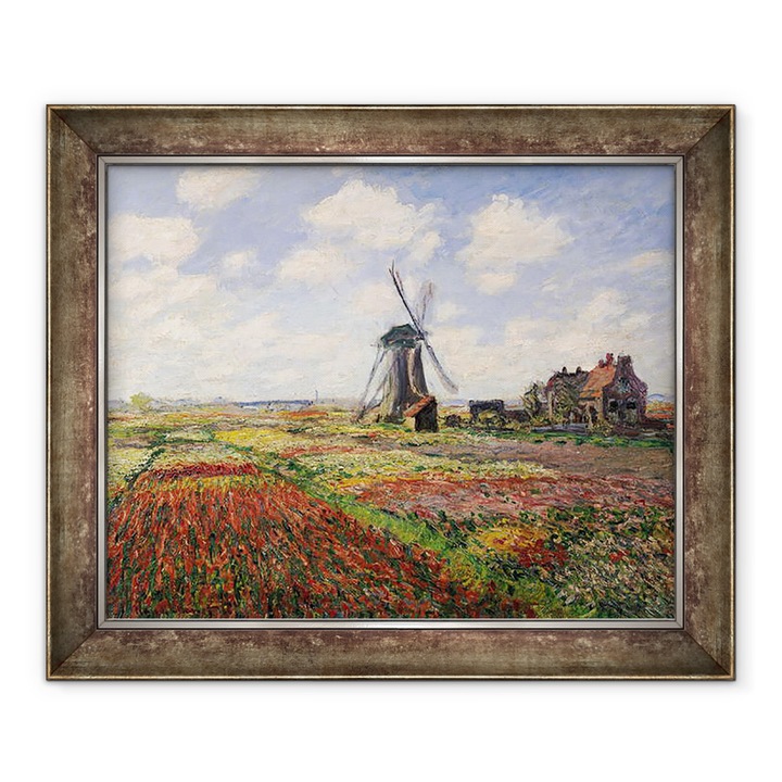 Картина в рамка - Клод Моне - Поля с лалета с вятърна мелница Райнсбург, 50 x 60 см