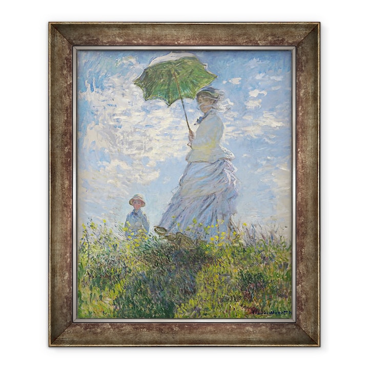 Claude Monet - Nő egy napernyővel - Madame Monet és fia, keretezett kép, 50 x 60 cm