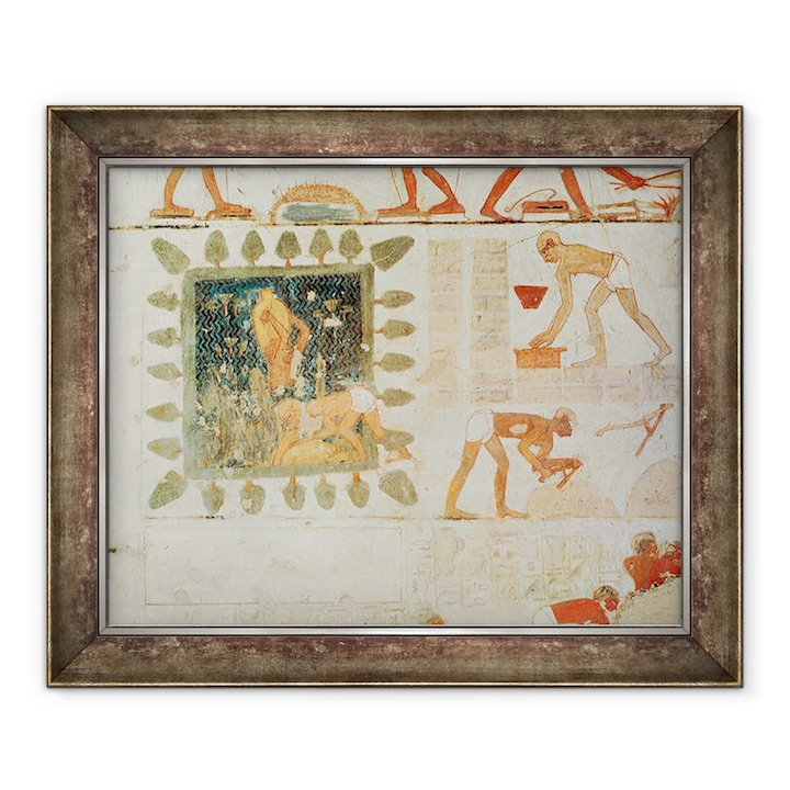 Egyptian 18th Dynasty - Falfestmény, amely két férfit ábrázol a fákkal körülvett négyzet alakú tóból és téglát készítő rabszolgákból vizet gyűjtve, keretezett kép, 50 x 60 cm