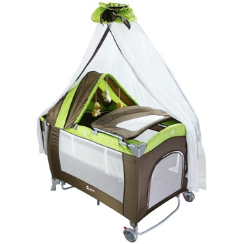 Patut Premium cu baldachin, copertina si sistem de leganare Grupa 0+ luni, Cool Baby, Maro Patut Premium cu baldachin, copertina si sistem de leganare Grupa 0+ luni, Cool Baby, Maro