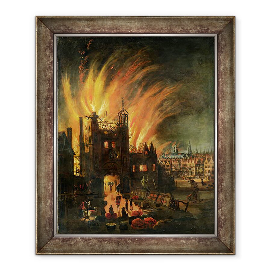 Tablou inramat - Scoala Engleza - Marele Incendiu al Londrei septembrie 1666 cu Ludgate si batranul St Paul, 50 x 60 cm