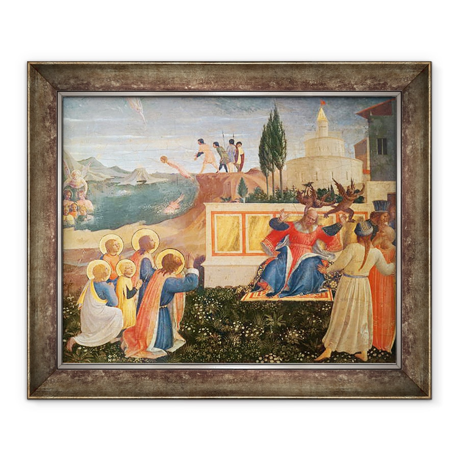 Tablou inramat - Fra Angelico - Sfintii Cosma si Damian sunt aruncati in mare, demonii scapa din gura proconsulului Lysias, din predella altarul San Marco, 70 x 85 cm