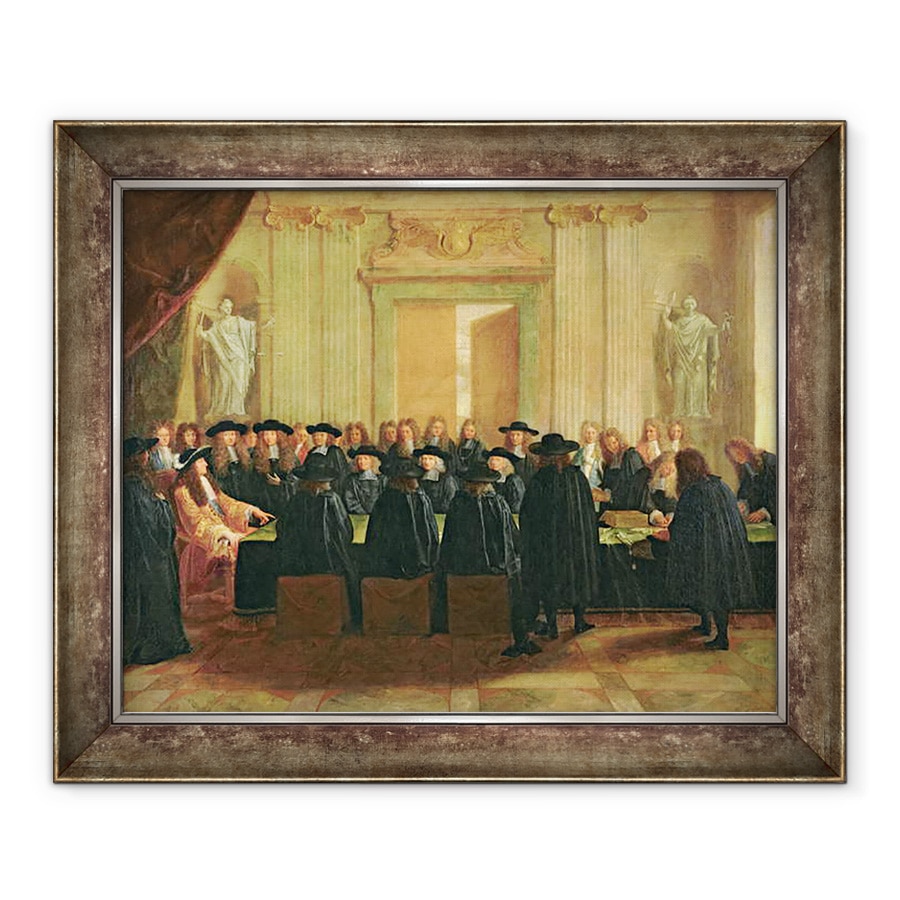 Tablou inramat - Scoala Franceza - Sigiliul detinut de Ludovic al XIV-lea 1638-1715 in fata membrilor Consiliului de Stat si a Curtii de Apel in 1672, 70 x 85 cm