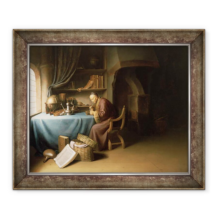 Tablou inramat - Gerard Dou - Un Batran isi lumineaza pipa intr-un studiu, 90 x 110 cm