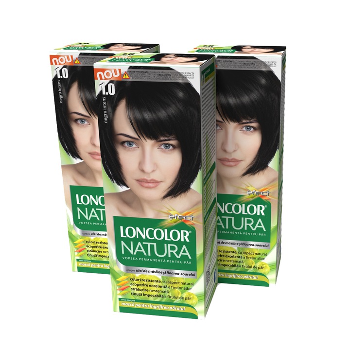 Pachet promo: 3 x Vopsea de par permanenta Loncolor Natura 1.0 Negru intens, 300 ml