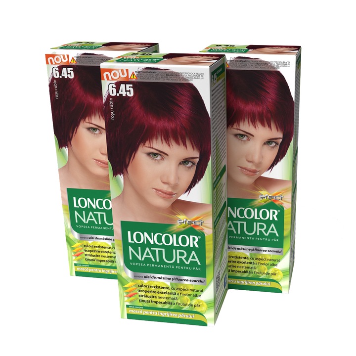 Pachet promo: 3 x Vopsea de par permanenta Loncolor Natura 6.45 - Rosu rubin, 300 ml